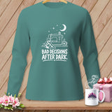 Teal long-sleeve shirt with sewing machine, quilt, and text 
