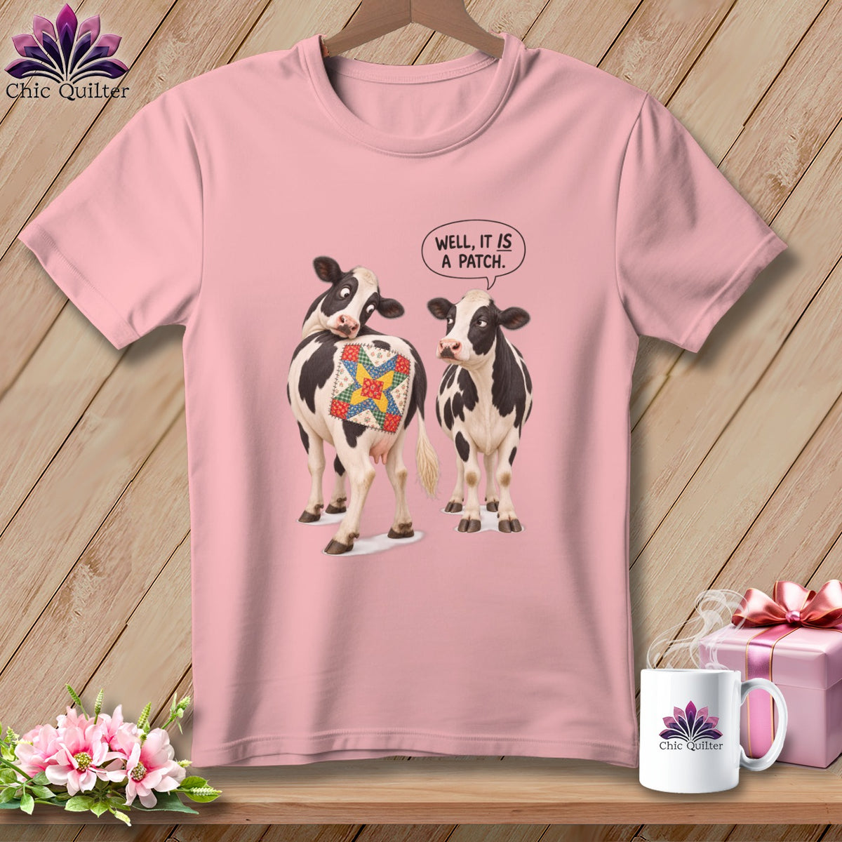 Two cows, one with a quilt patch, and a speech bubble saying "WELL, IT IS A PATCH."
