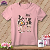 Two cows, one with a quilt patch, and a speech bubble saying 