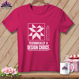 Magenta t-shirt with white quilt block, ruler, and text 