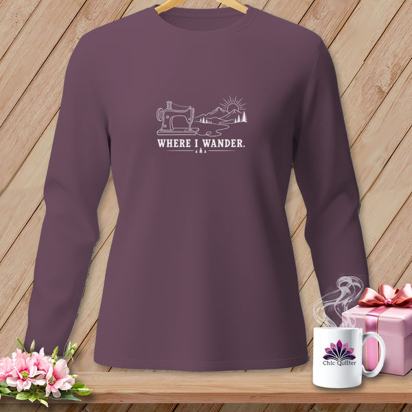 Purple long-sleeve shirt with "WHERE I WANDER" and sewing machine design.