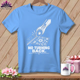 Blue t-shirt with graphic of rotary cutter, ruler, and fabric, text 