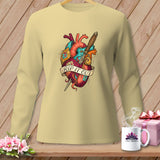 Light yellow long-sleeve shirt with a tattoo-style anatomical heart design and the text 