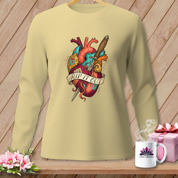 Light yellow long-sleeve shirt with a tattoo-style anatomical heart design and the text "RIP IT OUT".