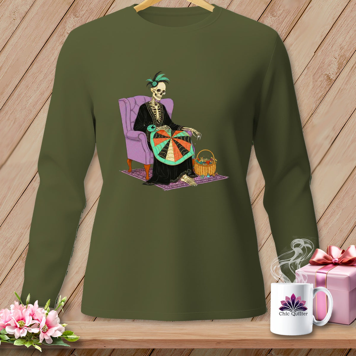 Skeleton sitting in a chair, sewing a colorful circular object, with a basket of flowers.