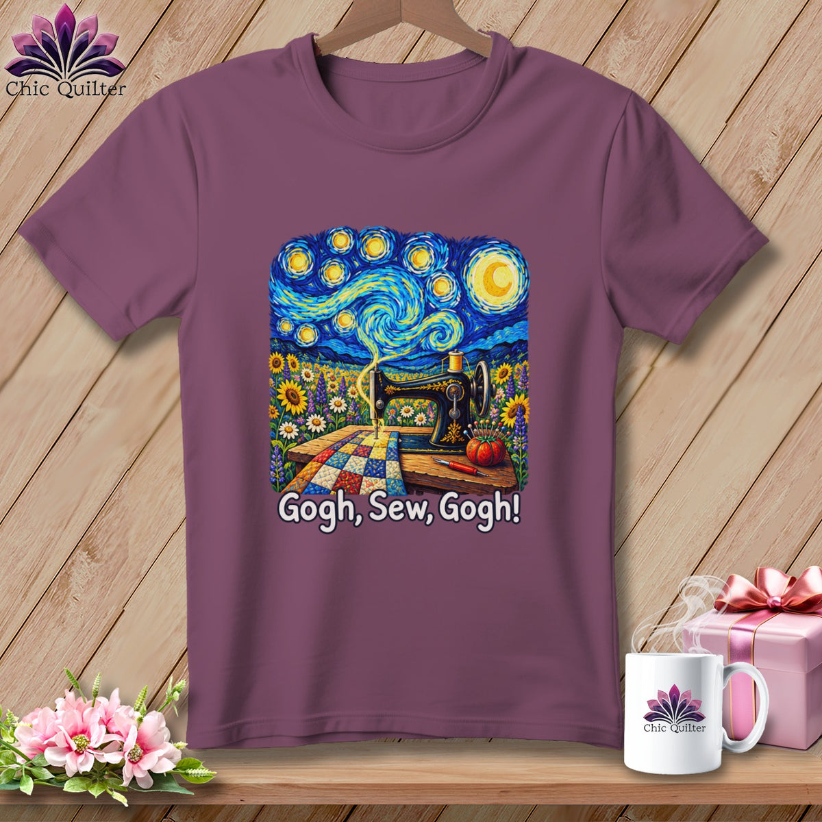T-shirt with Van Gogh style starry night, sewing machine, quilt, and text "Gogh, Sew, Gogh!".