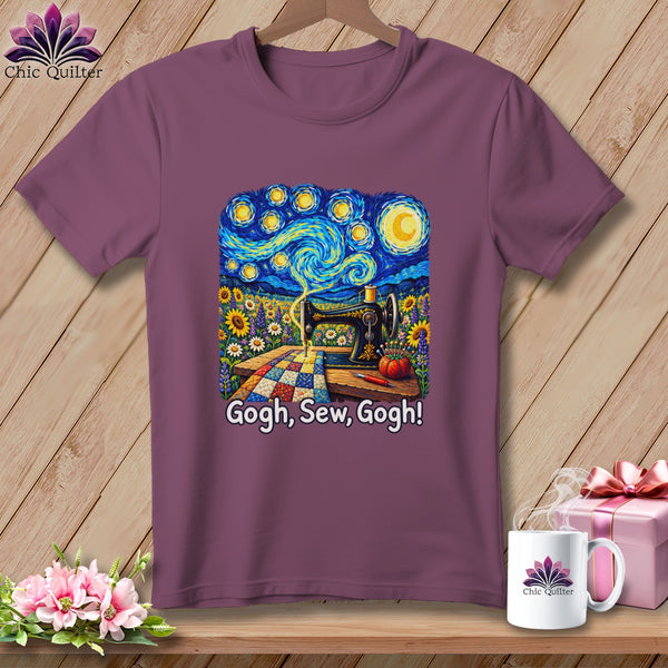T-shirt with Van Gogh style starry night, sewing machine, quilt, and text "Gogh, Sew, Gogh!".