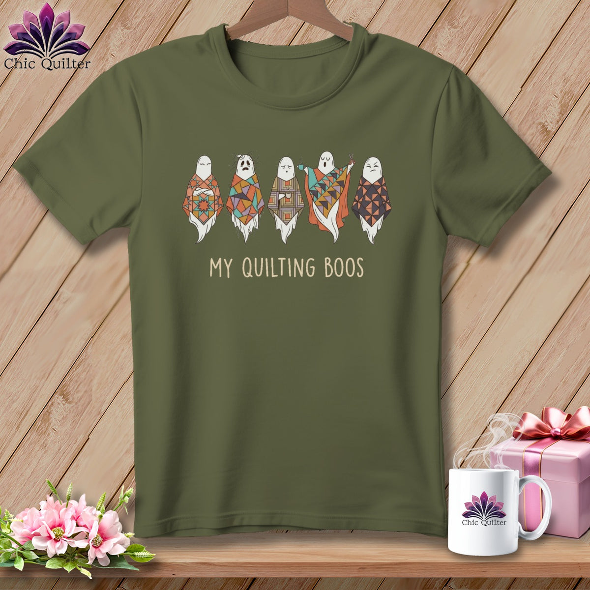 Olive green t-shirt with "My Quilting Boos" and five patchwork ghost illustrations.