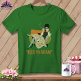 Green t-shirt with retro woman, cat, and text 