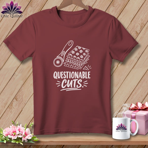 Maroon t-shirt with "Questionable Cuts" graphic and quilting tools.