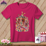 Rabbit sewing a long, colorful quilt strip on a t-shirt.