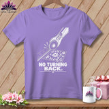 Purple t-shirt with white graphic of rotary cutter, ruler, fabric and text 
