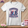 A white t-shirt features a graphic with the text TENNESSEE QUILTER STITCH SIX, a quilt block, a rotary cutter, and the number six.