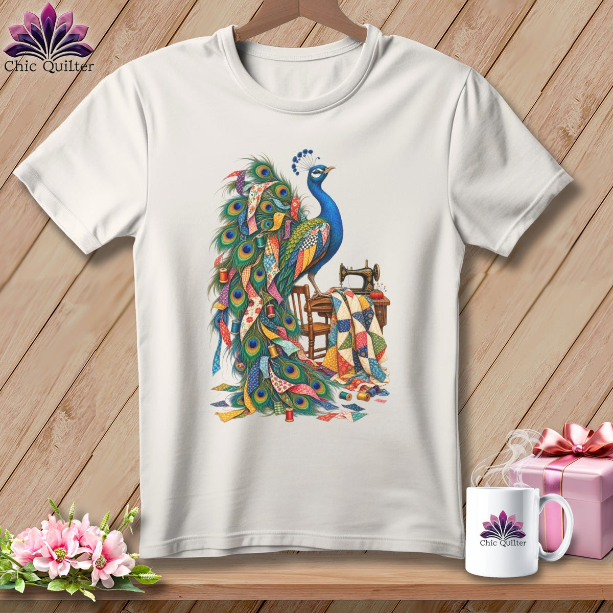 White t-shirt graphic of a peacock with quilt fabric and a sewing machine.