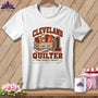 White t-shirt with a Cleveland Quilter graphic featuring a wooden crate filled with fabric rolls.