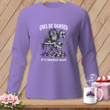 Purple long-sleeve shirt with an owl ironing a quilt. Text says 