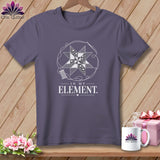 Purple t-shirt with a white quilt block, thread, and needle graphic, reading 