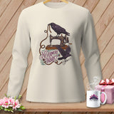 Cream long-sleeve shirt with ravens, sewing machine, and 
