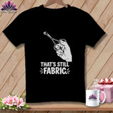 Black t-shirt with scissors cutting fabric, text 
