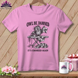 Pink t-shirt with a cartoon owl ironing crooked quilt pieces, 