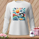 White long-sleeve shirt with a colorful sewing-themed graphic featuring a sewing machine and sun.