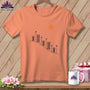 Peach t-shirt with sewing thread spools graphic and orange button.