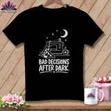 Black t-shirt with white graphic of sewing machine, moon, stars, and text 