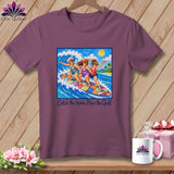 Plum t-shirt featuring three women surfing on a colorful patchwork surfboard with the text Catch the Wave, Piece the Quilt.