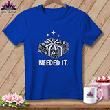 Royal blue t-shirt with a graphic of stacked fabric rolls tied with a bow and the text 
