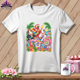 White short-sleeved t-shirt featuring a colorful graphic of tropical birds playing instruments atop patchwork quilts on a beach.