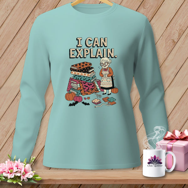 Mint long-sleeve shirt with "I CAN EXPLAIN" and Halloween quilting theme graphic.