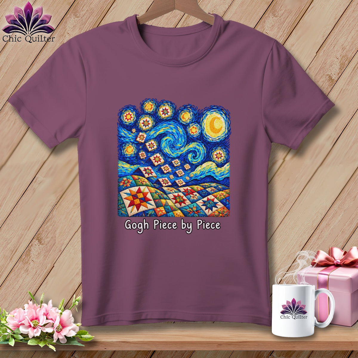 Purple t-shirt with a Van Gogh-inspired starry night quilt design and text.