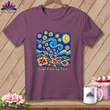Purple t-shirt with a Van Gogh-inspired starry night quilt design and text.