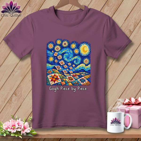 Purple t-shirt with a Van Gogh-inspired starry night quilt design and text.