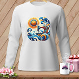 A white long-sleeved shirt displays a colorful graphic of a sewing machine, sun, and ocean waves.
