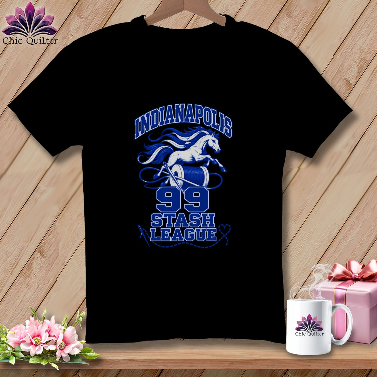 Black t-shirt featuring a blue and white graphic with a running horse, thread spool, and text reading Indianapolis 99 Stash League.