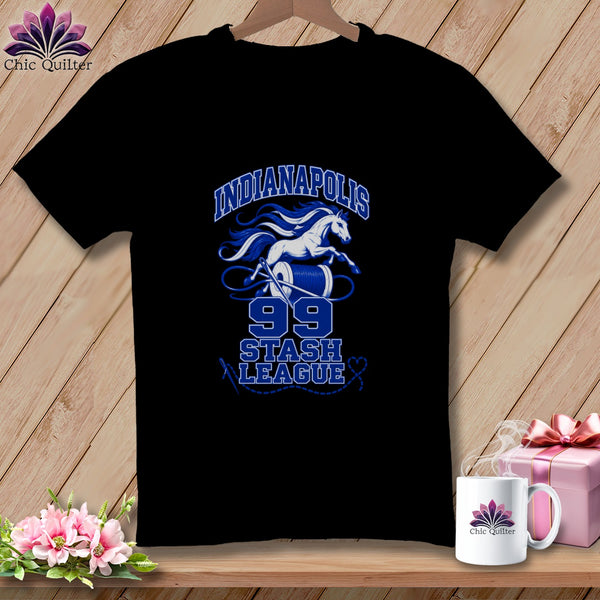 Black t-shirt featuring a blue and white graphic with a running horse, thread spool, and text reading Indianapolis 99 Stash League.