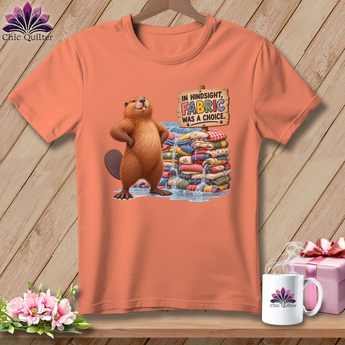 Beaver standing proudly next to stacked fabric with the text "In Hindsight, Fabric Was A Choice."
