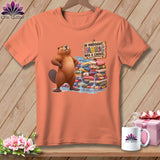 Beaver standing proudly next to stacked fabric with the text 