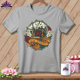 Grey t-shirt with Halloween sewing graphic and 
