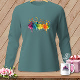 Teal long-sleeve shirt with a colorful watercolor sewing motif and 