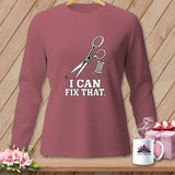 Mauve long-sleeve shirt with scissors and thread graphic and 