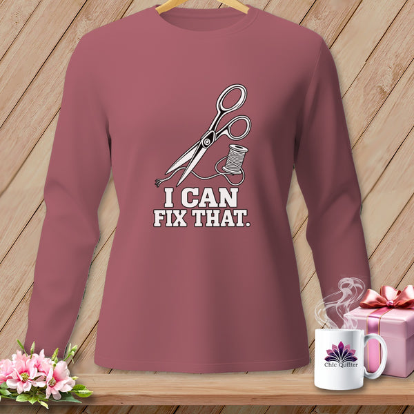 Mauve long-sleeve shirt with scissors and thread graphic and "I CAN FIX THAT." text.