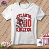 White t-shirt with red and black graphic text reading Atlanta Quilter 10 First Down Sew On.