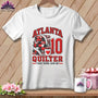 White t-shirt with red and black graphic text reading Atlanta Quilter 10 First Down Sew On.