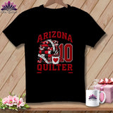 Black t-shirt featuring a red and white quilt stack graphic with text reading Arizona Quilter and the number ten.