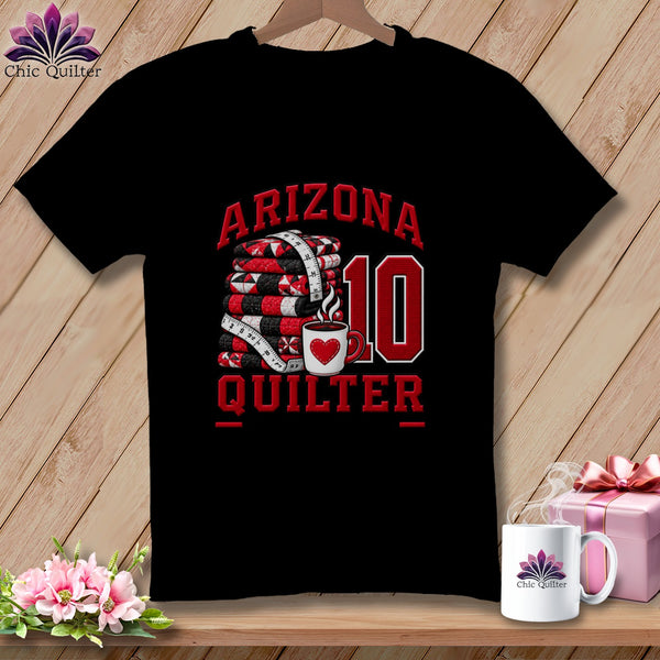 Black t-shirt featuring a red and white quilt stack graphic with text reading Arizona Quilter and the number ten.