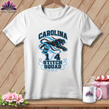 White t-shirt with Carolina 1/4 Stitch Squad graphic featuring a panther and blue thread spool.