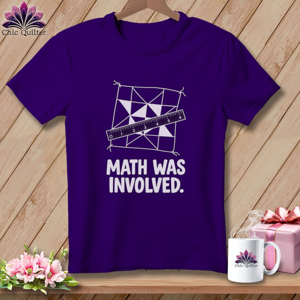 Purple t-shirt with geometric pattern, ruler, and "Math Was Involved" text.
