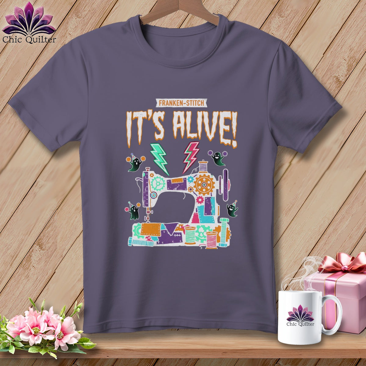 Franken-stitch "It's Alive!" sewing machine graphic with ghosts and lightning bolts.